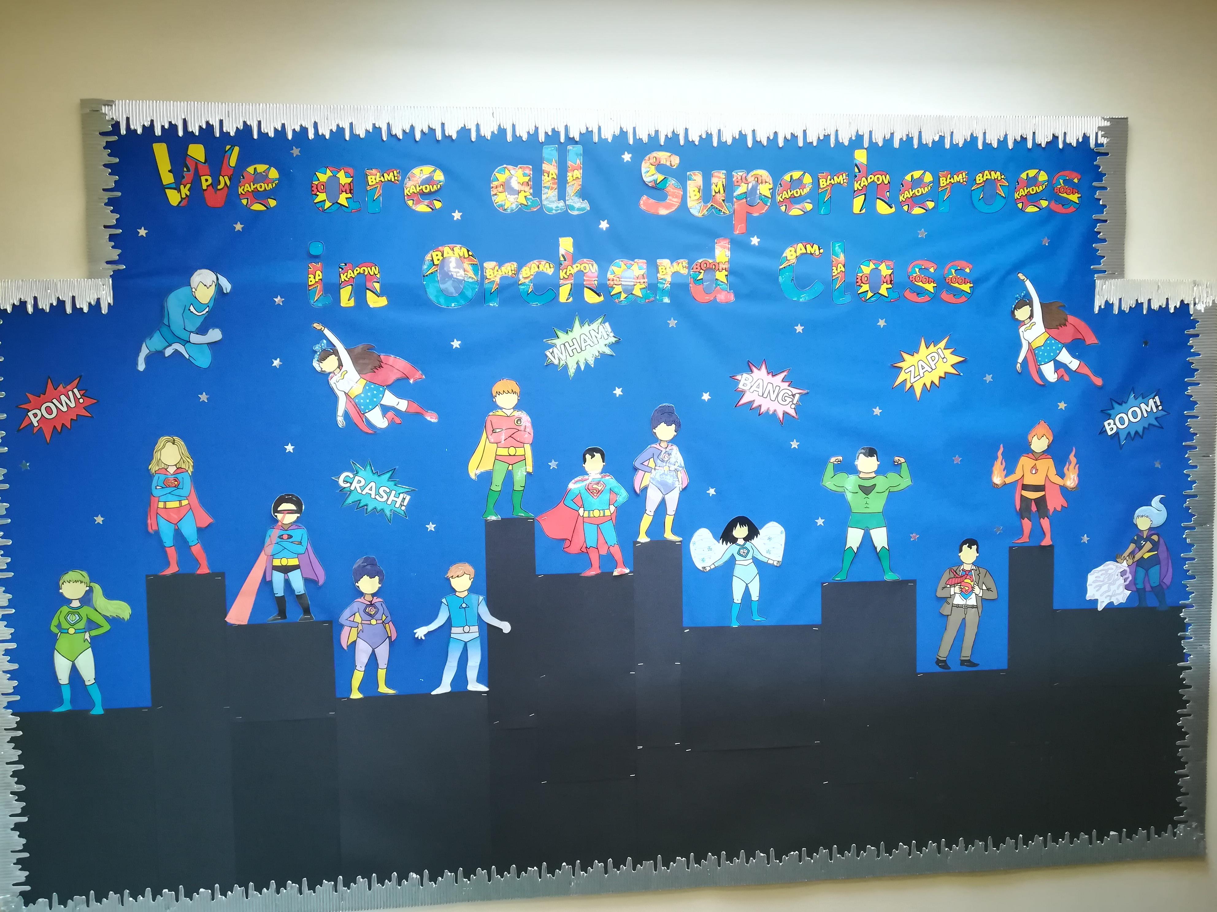 Our cloakroom display is awaiting your beautiful faces to be added to the Hero figures!